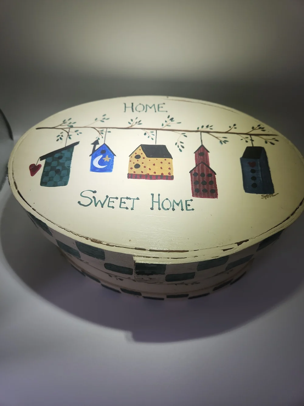 Sweet Home Hand-Painted Oval Trinket Box - Cream with Multicolor Houses9x5